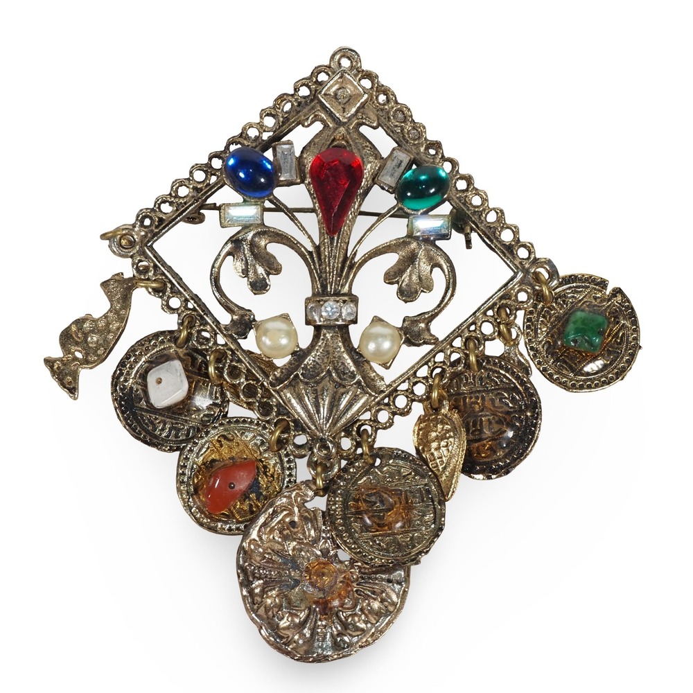 Vintage Byzantine Revival Faux Coin Dangle Brooch Jeweled Cabochon Pearl 3in